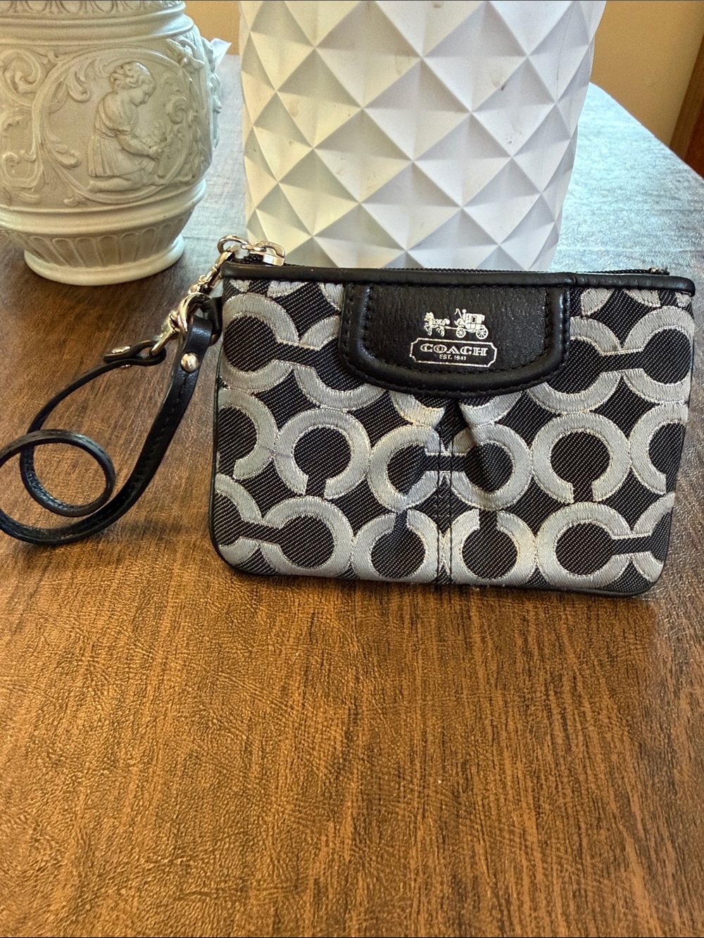 Vintage Y2K Coach Black, Silver  and Gray Signature Wristlet  leather trim